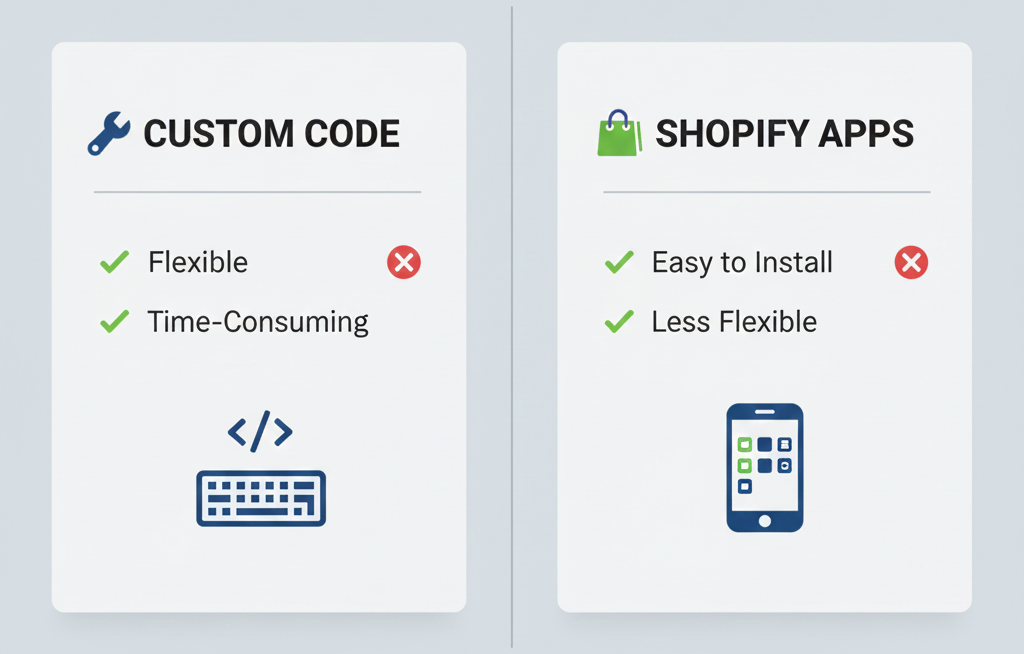 Split-screen comparison of custom code vs Shopify apps, modern vector design, clean icons, simple and professional.
