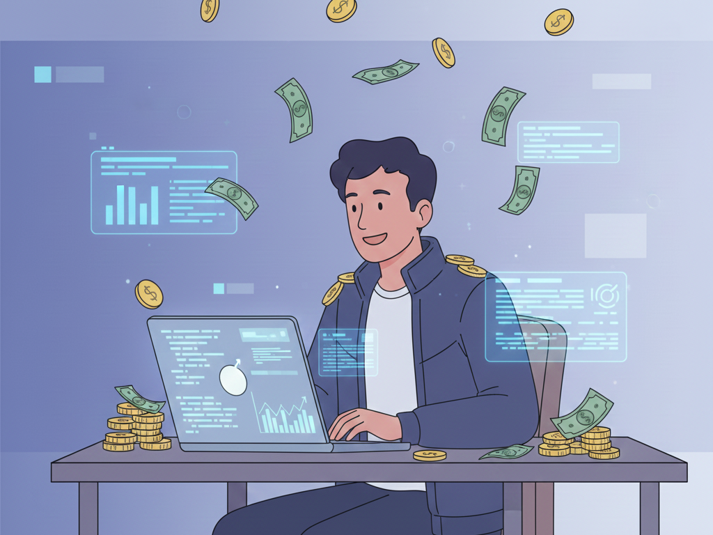 Image of a Shopify expert sitting in front of a laptop while money is raining down