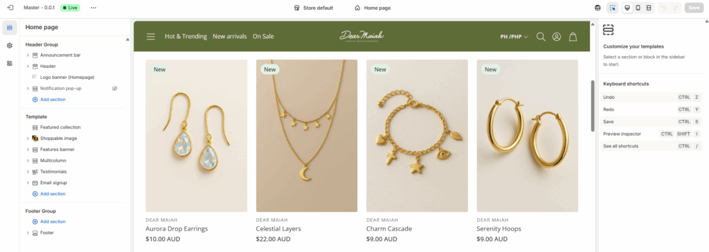 Screenshot of the Shopify theme editor.