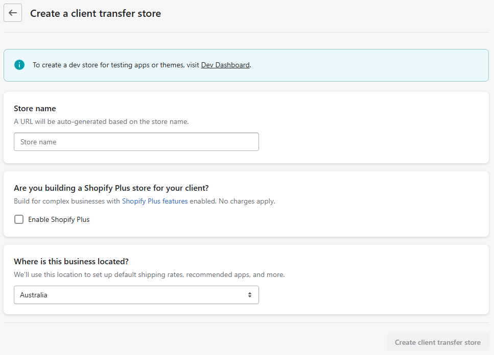 Screenshot of create a client transfer store page in Shopify partner dashboard