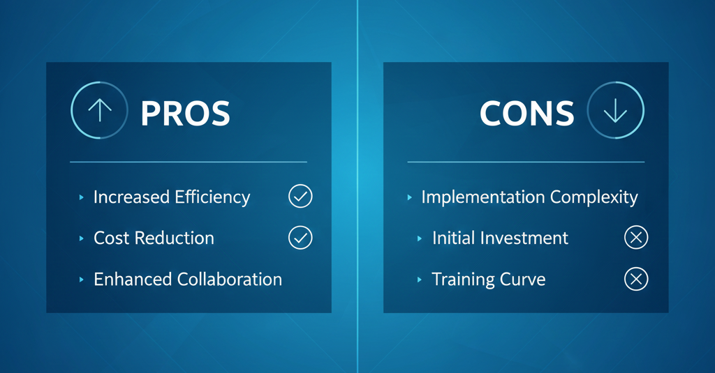 split-screen layout showcasing clear pros and cons. Sleek professional blue corporate palette with refined gradients. Minimalist iconography with sharp vector clarity. Balanced composition, strong visual hierarchy, crisp typography, and modern presentation style reminiscent of premium corporate slide design.