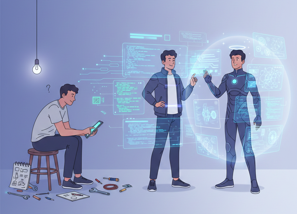 Zero to hero transformation concept, showing a person starting as a beginner surrounded by simple tools and basic notes, gradually evolving into an expert with advanced digital interfaces, glowing screens, and confident posture. Smooth left-to-right progression, modern tech aesthetic, soft lighting, minimalistic style, inspirational tone, high-detail digital illustration.