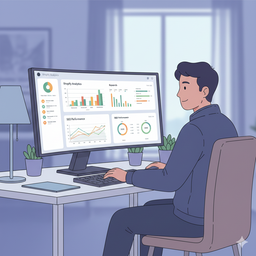 A confident male ecommerce specialist working at a modern desk setup, large monitor displaying Shopify analytics and SEO dashboards